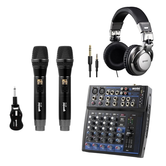 Gemini Compact Bluetooth Audio Mixer (GEM-08USB, 8 Channels) & DJX-500 Over-Ear Professional DJ Headphones, Black and Silver & GMU-M200 UHF Dual Wireless Microphone System , 843631171097