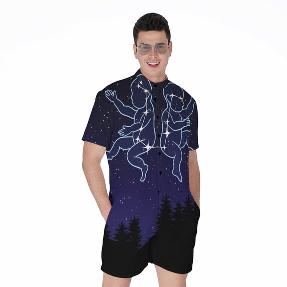 Gemini Constellation Short Sleeve Men'S Rompers, Zodiac Horoscope Casual Summer Jumpsuits Outfit