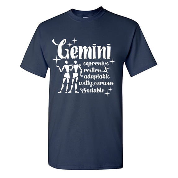 Gemini Expressive Restless Adaptable Witty Curious Sociable Sarcastic Humor Graphic Tees Gift For Mens Novelty Funny T Shirt