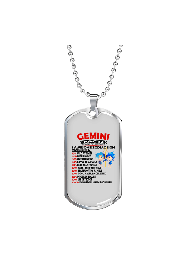 Gemini Facts Black Zodiac Dog Tag Necklace Stainless Steel 24" Chain Silver Tone or Gold Tone