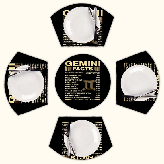 Gemini Facts Zodiac Sign Astrology Birthday Gift Round Table Placemats Set Of 5 Wedge Table Mats Washable Heat Resistant Place Mat For Dining Table Kitchen Farmhouse Restaurant