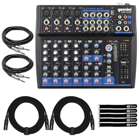 Gemini GEM-12USB 12 Channel Podcast USB Mixer with Interconnect Cables Package