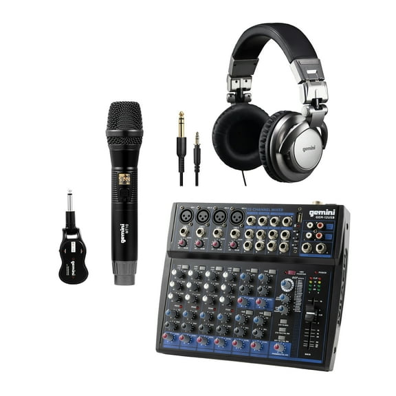 Gemini GEM-12USB Compact 12-Channel Bluetooth Mixer & DJX-500 Over-Ear Professional DJ Headphones, Black and Silver & GMU-M100 UHF Single Wireless Microphone System, 843631170922
