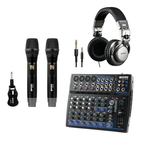 Gemini GEM-12USB Compact 12-Channel Bluetooth Mixer & DJX-500 Over-Ear Professional DJ Headphones, Black and Silver & GMU-M200 UHF Dual Wireless Microphone System