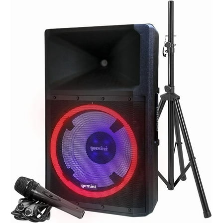 Gemini Sound GSP-L2200PK 2200W Bluetooth PA Speaker System, 15" Woofer, TWS, LED Party Lights, Mic+Stand, DJ/Events Ready