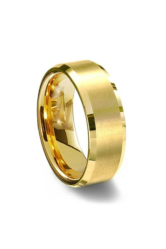 His or Her Yellow Gold Comfort-Fit Beveled Edge Edge Plain Wedding Band Titanium Ring Valentine's Day Gift for Men Women, Width 7mm