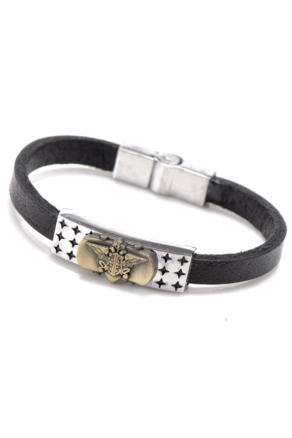 Men's Casual Stainless Steel Metal w/ Genuine Leather Bracelets Valentine's Day Women Teens Gm072 8" Black