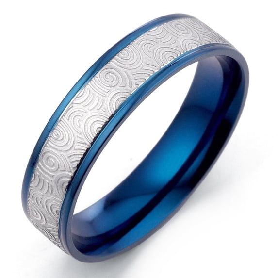 Gemini Muti Tone Blue & Silver Wedding Anniversary Promise Titanium Rings width 6mm US Size 6.75 Valentine's Day Gift