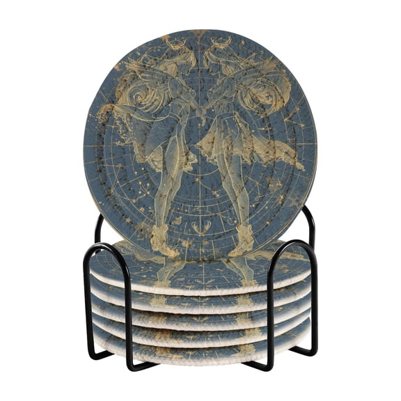 Gemini Of Zodiac Coasters with Holder for Coffee Table 6 Pcs Drink Coaster Sets Absorbent for Home Decor 4 inch