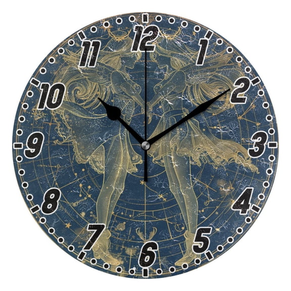 Gemini Of Zodiac Round Wall Clock Battery Operated Silent Non-Ticking Bedroom Office Kitchen Home School Decor 10"(Black)