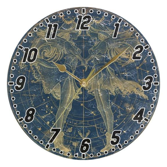 Gemini Of Zodiac Round Wall Clock Battery Operated Silent Non-Ticking Bedroom Office Kitchen Home School Decor 10"(Gold)