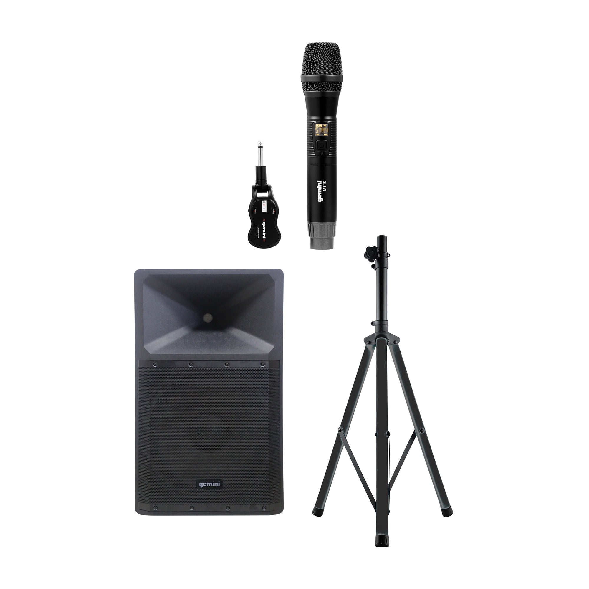 Gemini Professional Adj Tripod Speaker Stand w/Color-Changing LEDs, Ultra Powerful Bluetooth 2,200 Peak Watt Speaker w/Built-In Media Player & UHF Single Wireless Microphone System, 843631170816