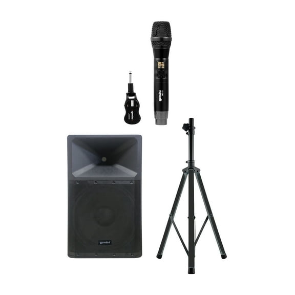 Gemini Professional Adj Tripod Speaker Stand w/Color-Changing LEDs, Ultra Powerful Bluetooth 2,200 Peak Watt Speaker w/Built-In Media Player & UHF Single Wireless Microphone System, 843631170816