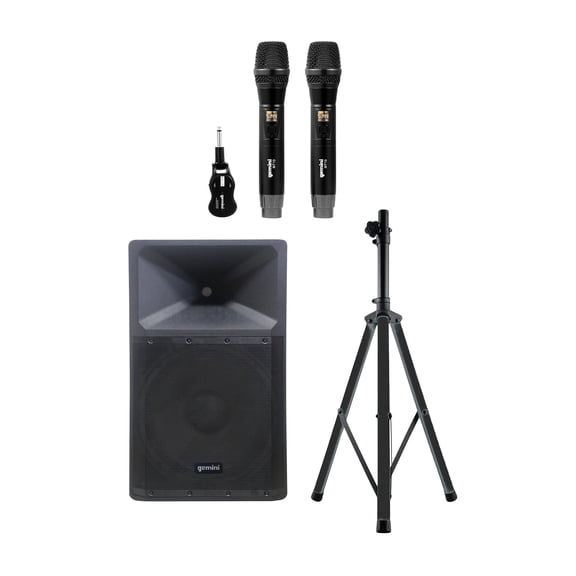 Gemini Professional Adj Tripod Speaker Stand w/Color-Changing LEDs, Ultra Powerful Bluetooth 2,200 Peak Watt Speaker w/Built-In Media Player & UHF Dual Wireless Microphone System , 843631170991