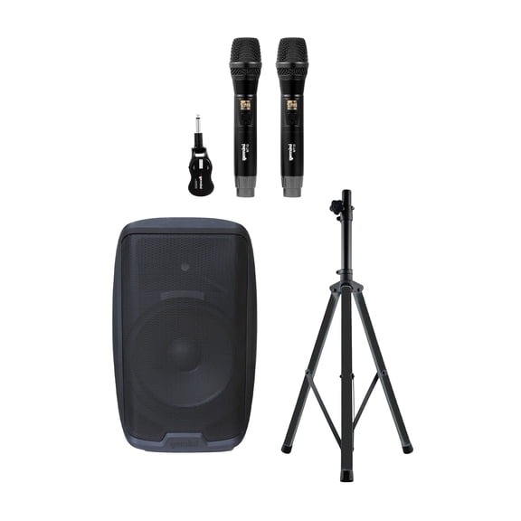Gemini Professional Adjustable Tripod Speaker Stand with Color-Changing LEDs, 2,000-Watt Active 15-In. Bluetooth Loudspeaker & UHF Dual Wireless Microphone System , 843631170960