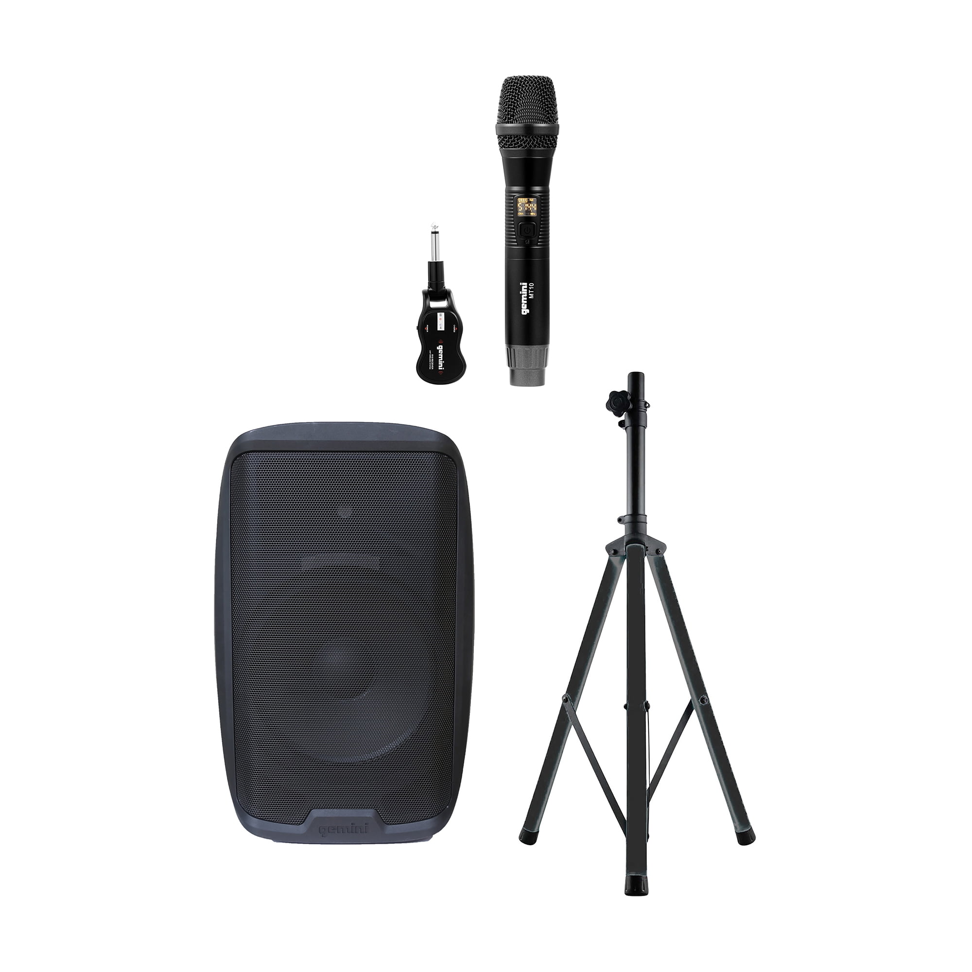 Gemini Professional Adjustable Tripod Speaker Stand with Color-Changing LEDs, 2,000-Watt Active 15-In. Bluetooth Loudspeaker & UHF Single Wireless Microphone System, 843631170786