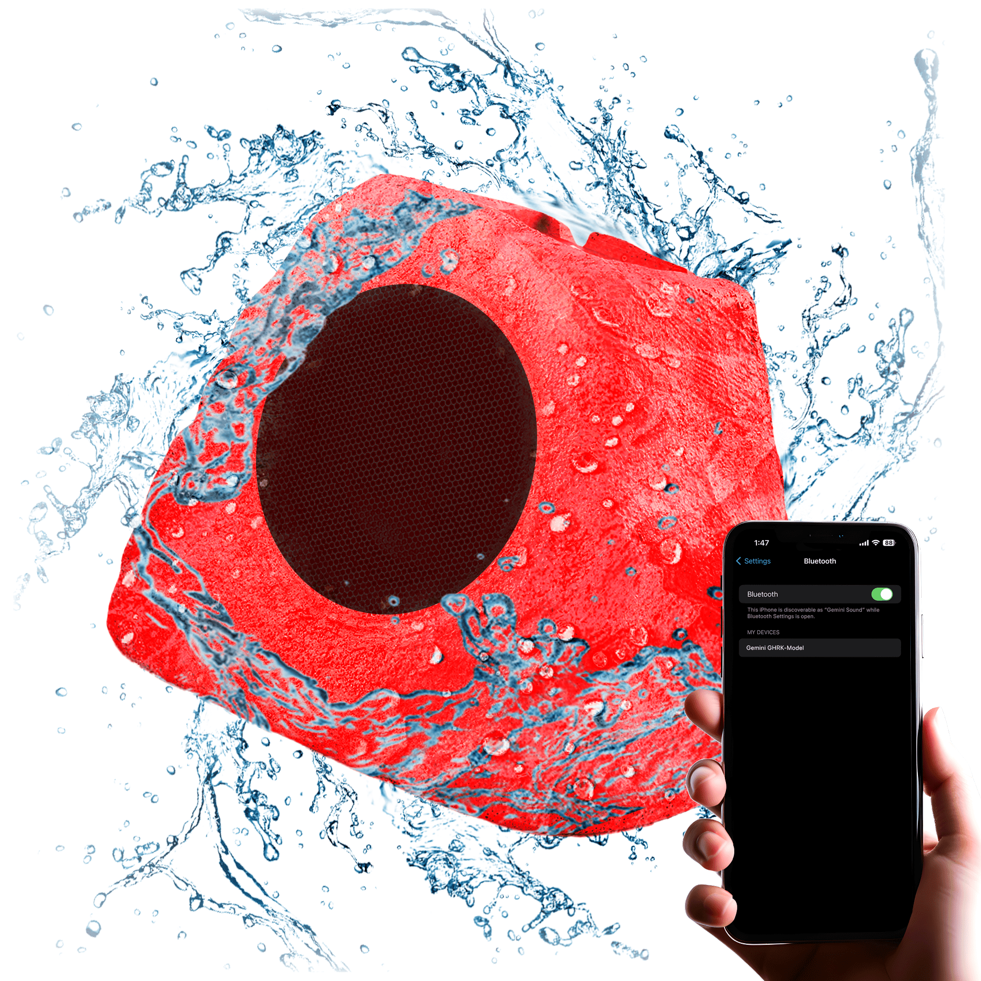 Red Solar-Powered Bluetooth Outdoor Rock Speaker with LED Lighting