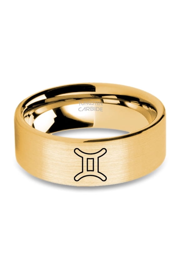 Gemini Star Sign Symbol Engraved Yellow Gold Brushed Tungsten Ring, 8mm, Size 5