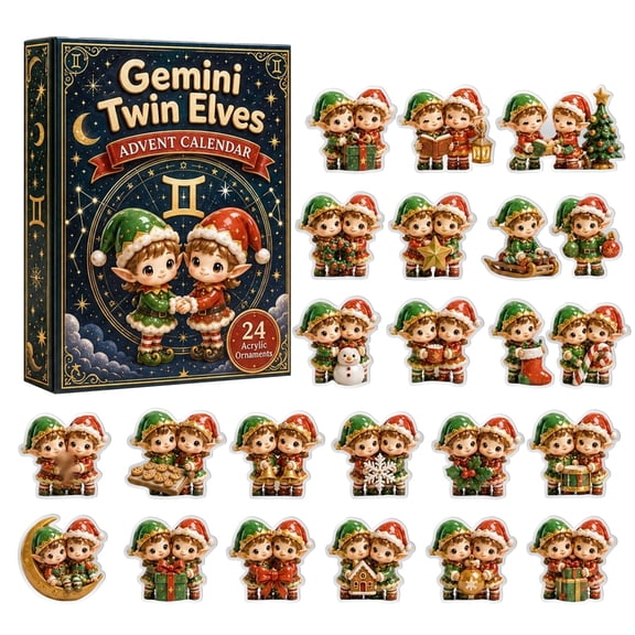 Gemini Twin Elves Advent Calendar 2026, 24-Day Festive Countdown, Acrylic Charms Blind Box, Unique Christmas Gift for Aries Lovers