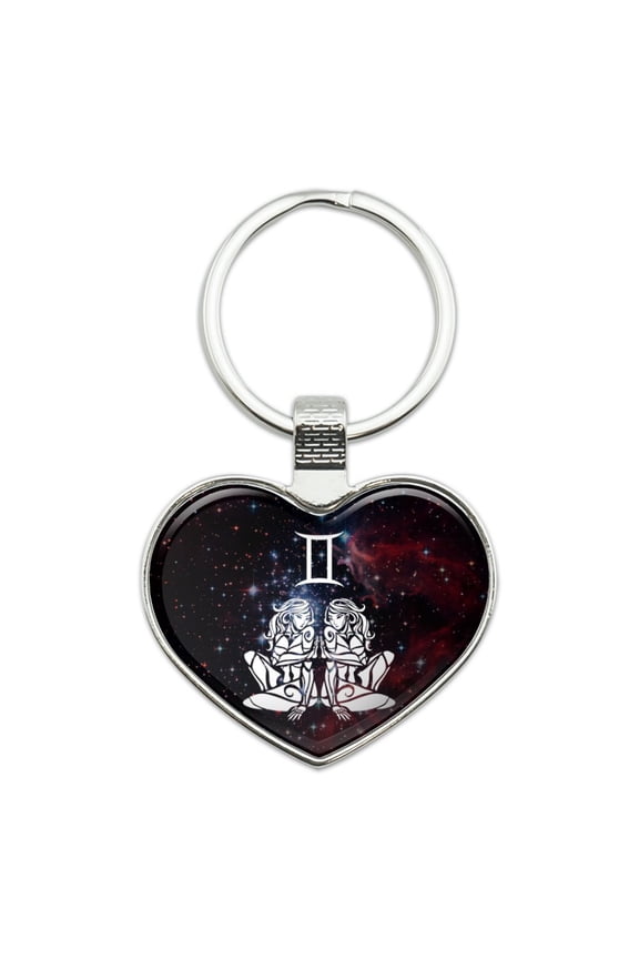 Gemini Twins Zodiac Sign Horoscope in Space Heart Love Metal Keychain Key Chain Ring