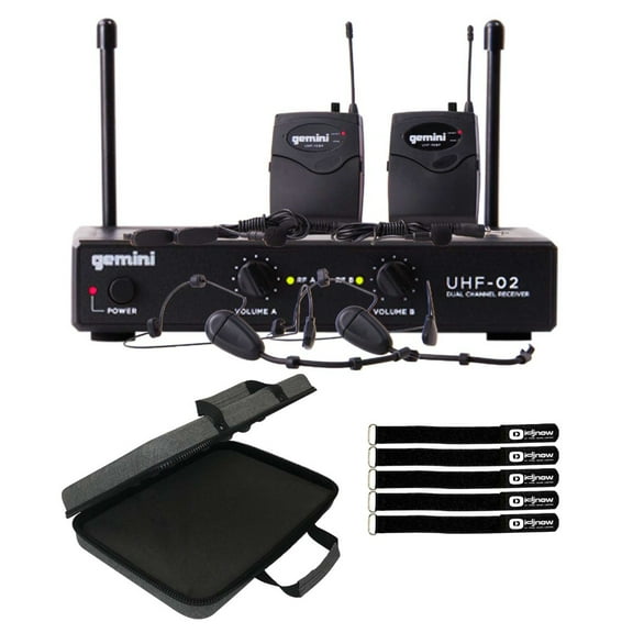 Gemini UHF-02HL Two Channel Headset/Lavalier Wireless Microphone System with Carrying Case Package