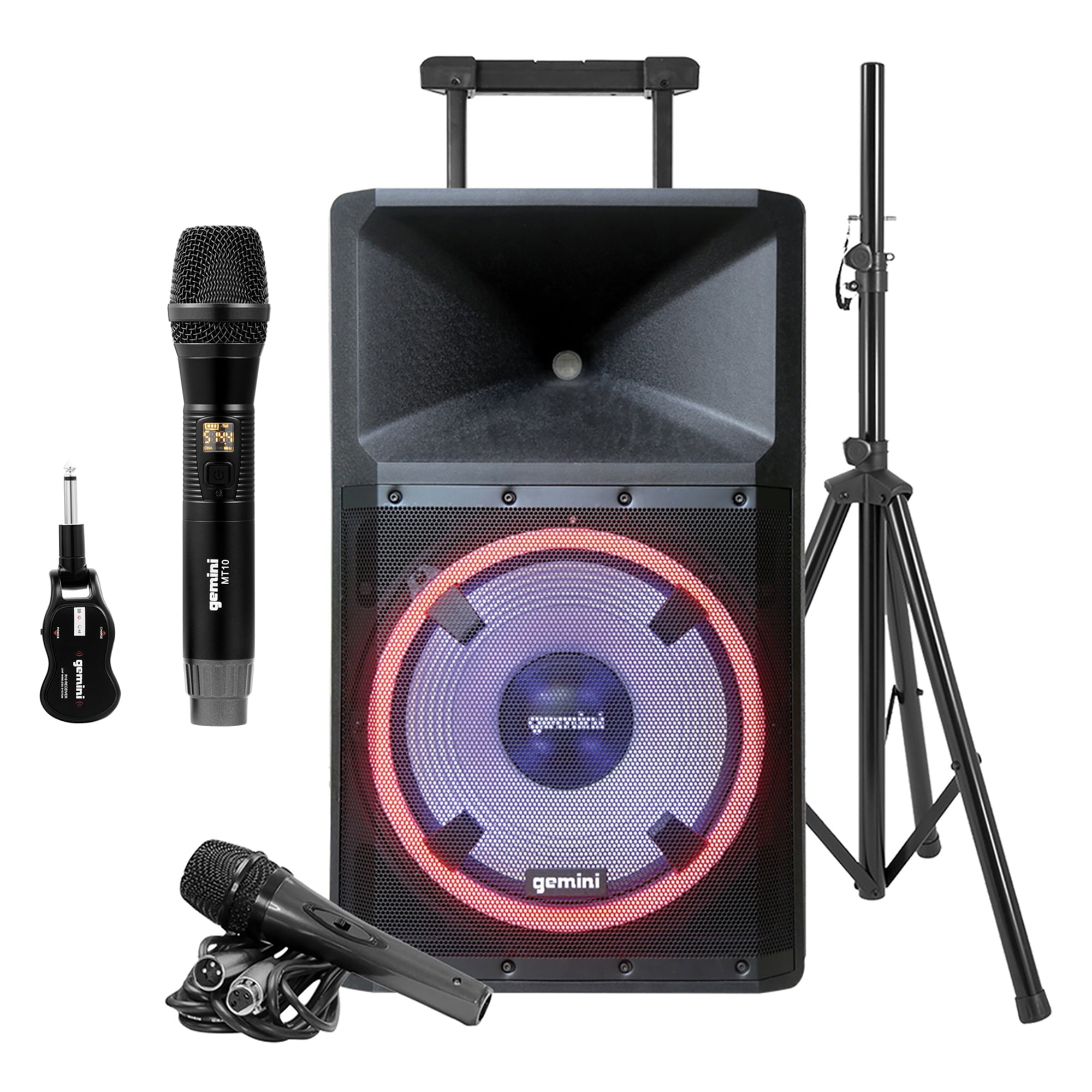 Gemini Ultra-Powerful Bluetooth 2,200-Peak-Watt Speaker with Party Lights, Built-in Media Player, Microphone, and Stand & GMU-M100 UHF Single Wireless Microphone System, 843631170861
