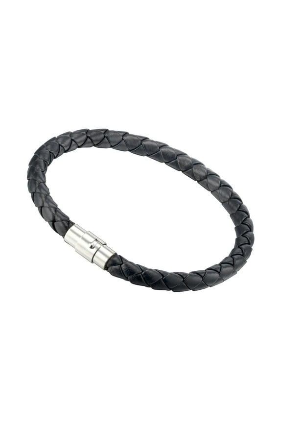 Unisex Genuine Leather Braided Stainless Steel Bracelet Valentine's Day Men Women 7 Inch Gm001 Black