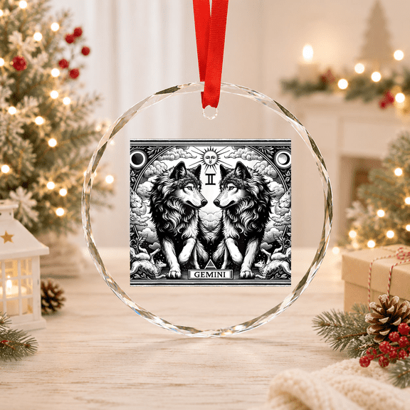 Gemini Wolf Celestial Zodiac Tarot Astrology Wolves Glass Ornament
