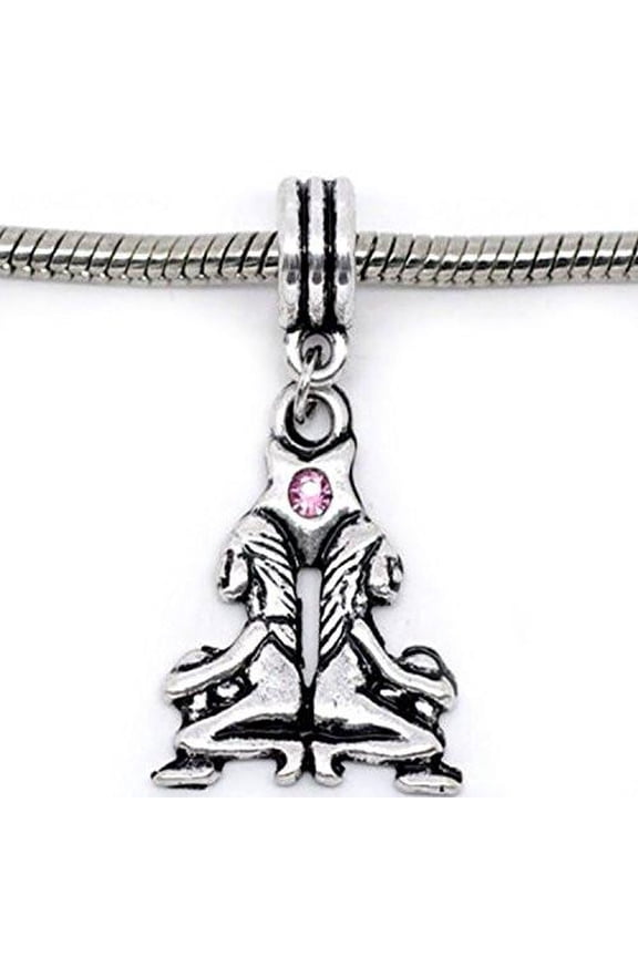 Gemini Zodiac Charm W/pink Crystal Dangle Bead for Snake Bracelets