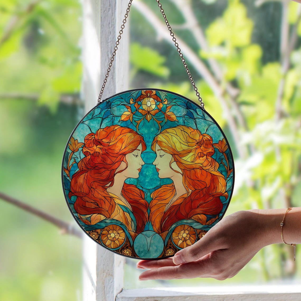 Gemini Zodiac Glass Suncatcher, Astrological Twins Horoscope Art