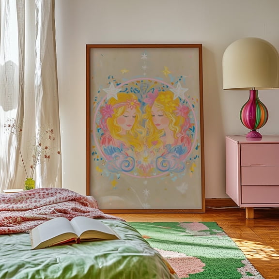 Gemini Zodiac Pastel Fairycore Astrology Home Wall Decor, Unframed Canvas 12x16in