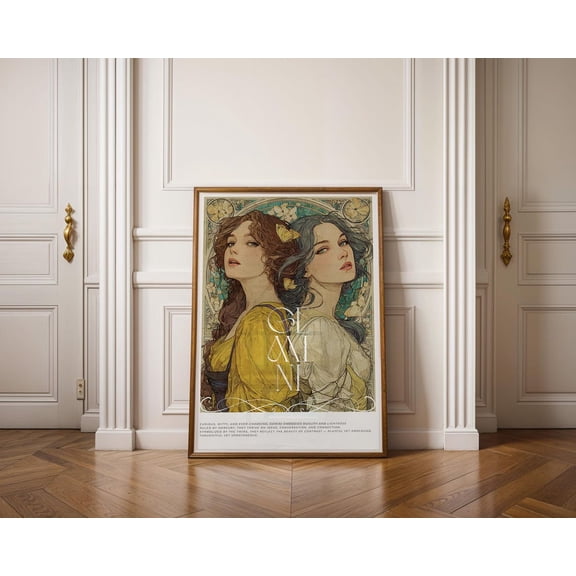 Gemini Zodiac Poster, Astrology Wall Art, Mucha Inspired Poster, 24x36 UNFRAMED