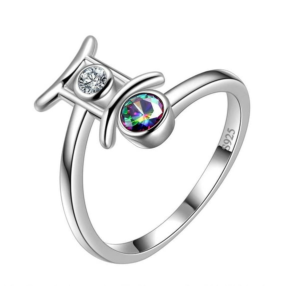 Zodiac Gemini Ring 925 Sterling Silver Mystic Topaz CZ Open Band Women May June Birthday Gift Celestial Horoscope Christmas Jewelry Juwaliy