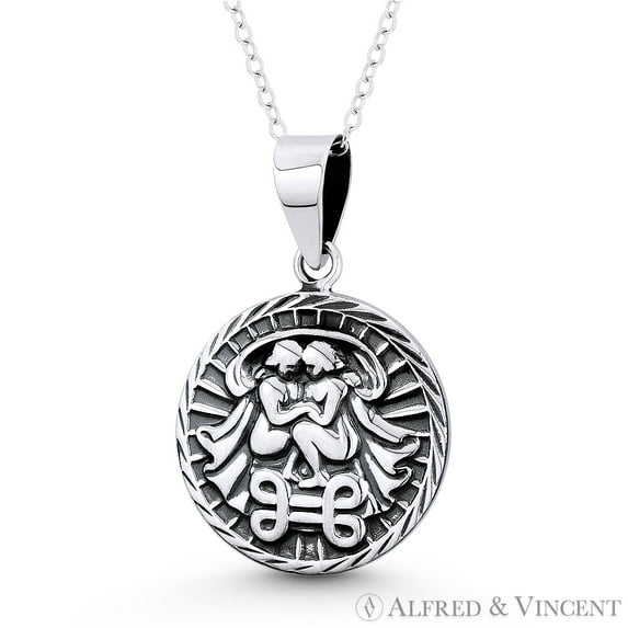 Gemini Zodiac Sign Circle Astrology Charm 31x20mm (1.5x0.8in) Pendant & Chain Necklace in Oxidized .925 Sterling Silver