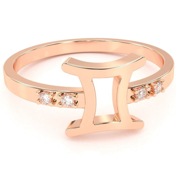 Gemini Zodiac Sign Diamond Ring In Solid 14k Rose Gold