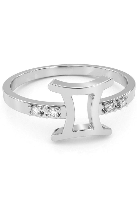 Gemini Zodiac Sign Diamond Ring In Solid 14k White Gold