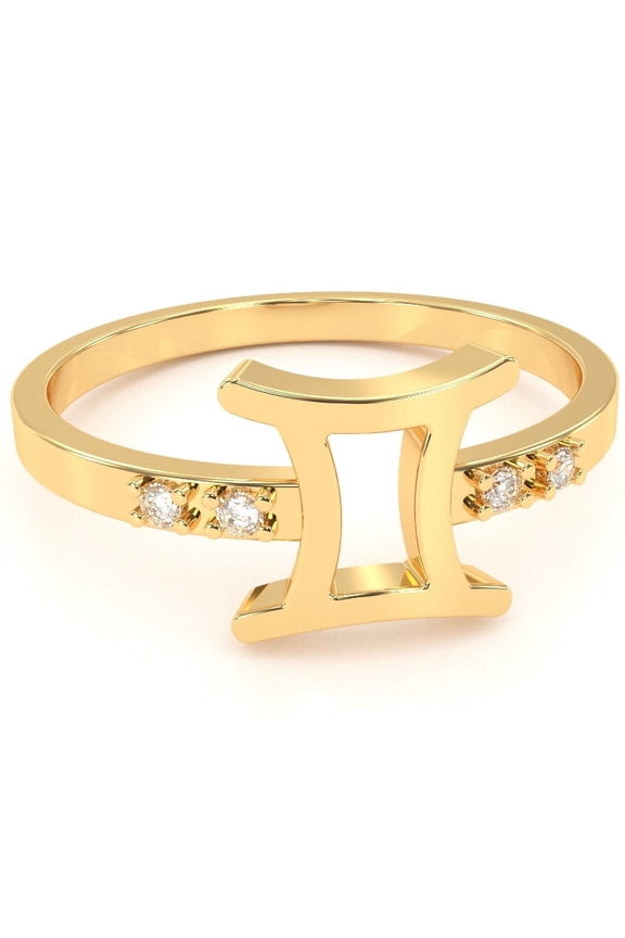 Gemini Zodiac Sign Diamond Ring In Solid 14k Yellow Gold