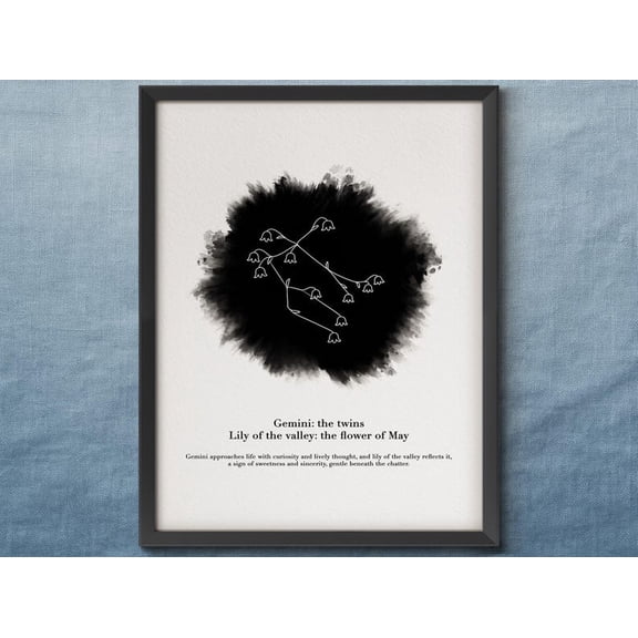 Gemini Zodiac Star Map Wall Art Poster with Lily of the Valley Birth Flower, May Astrology Constellation Print, Twins Celestial Decor, Size 24x36, Unframed Poster