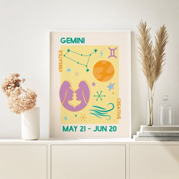Gemini Zodiac Trendy Astrology Yellow Retro Star Sign Wall Art, Unframed Canvas 8x10in