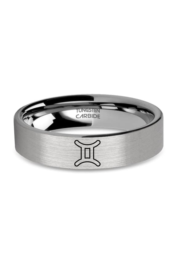 Gemini Zodiac Twins Symbol Silver Tungsten Ring, Brushed, 6mm, Size 6
