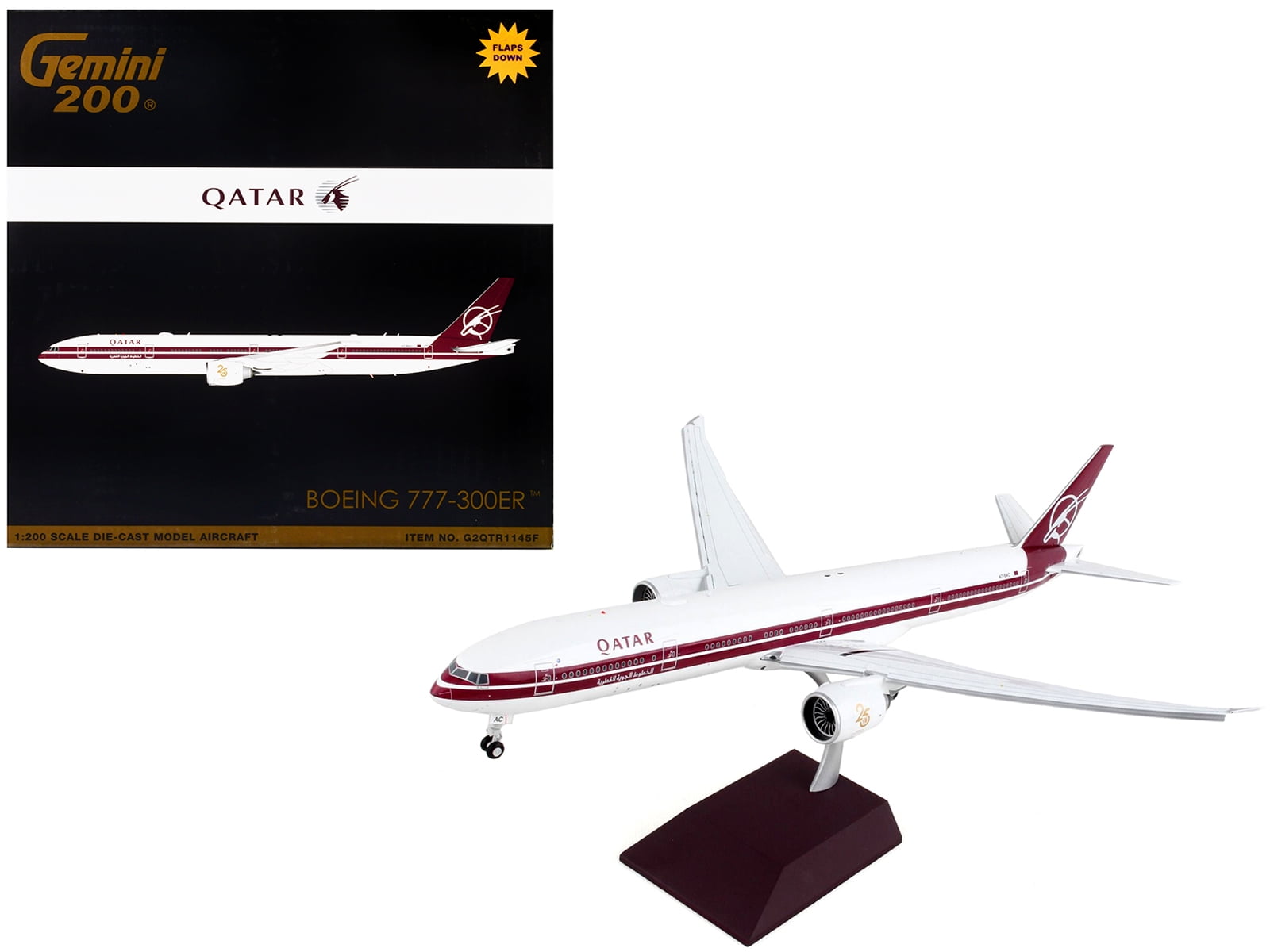 Boeing 777-300ER Commercial Aircraft with Flaps Down White with Dark Red Stripes 1/200 Diecast Model Airplane by GeminiJets