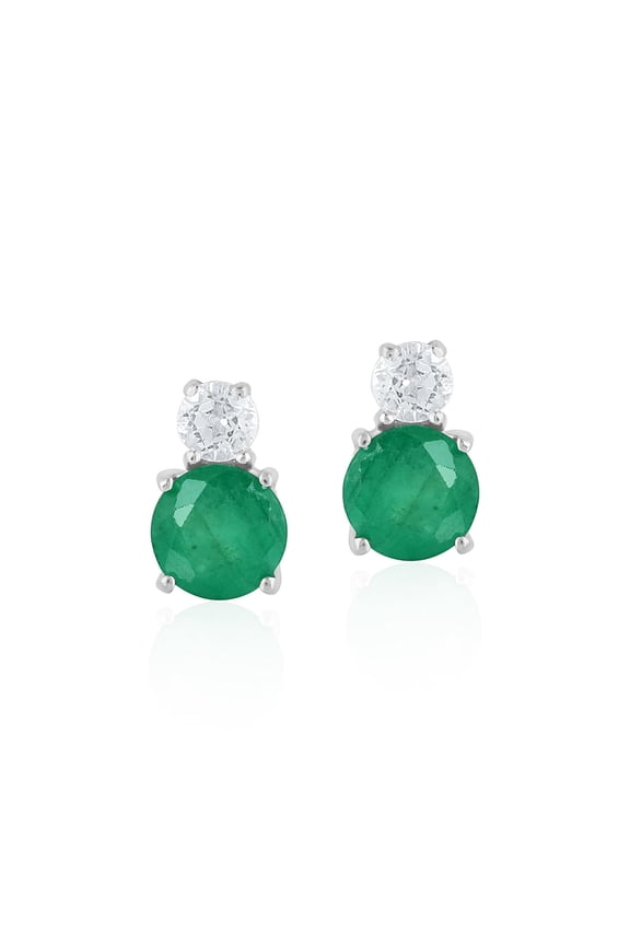 14K White Gold Round Emerald and White Topaz Stud Earrings