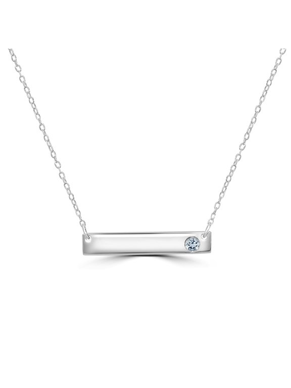 925 Sterling Silver March Birthstone Aquamarine Gemstone 16 inch Bar Pendant Necklace, Birthday Gift for Her