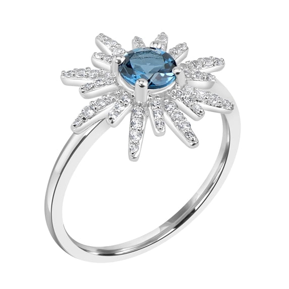 Gemistry 925 Sterling Silver Round London Blue Topaz & White Natural Zircon Gemstone Women's Ring (1.46 cttw)