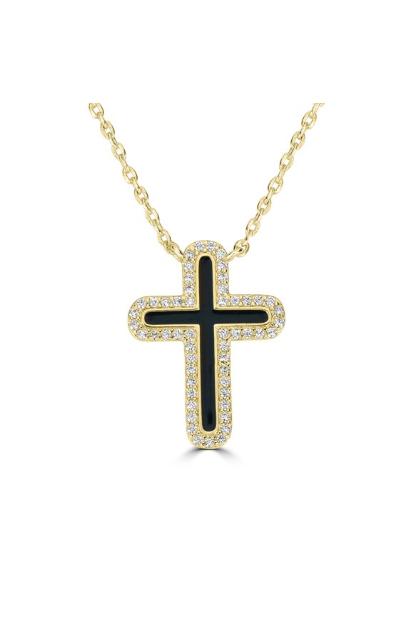 Bob Mackie Jewelry Gold over Brass Black Enamel White Cubic Zirconia Cross Pendant Necklace, 16-18 Inches