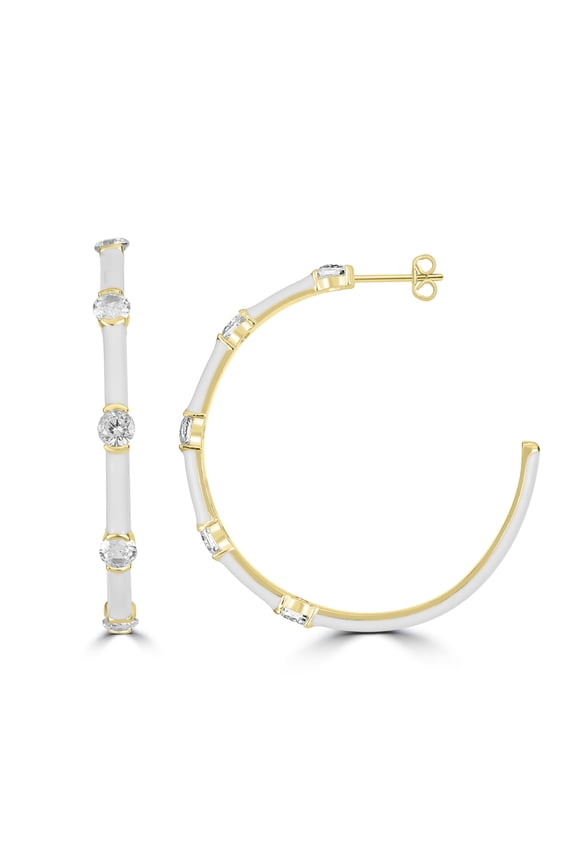 Bob Mackie Jewelry Gold over Brass White Enamel Cubic Zirconia Hoop Earrings