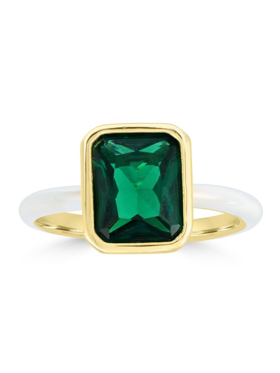 Bob Mackie Jewelry Gold over Brass White Enamel Rectangular Cut Emerald Green Cubic Zirconia Ring, Size 6