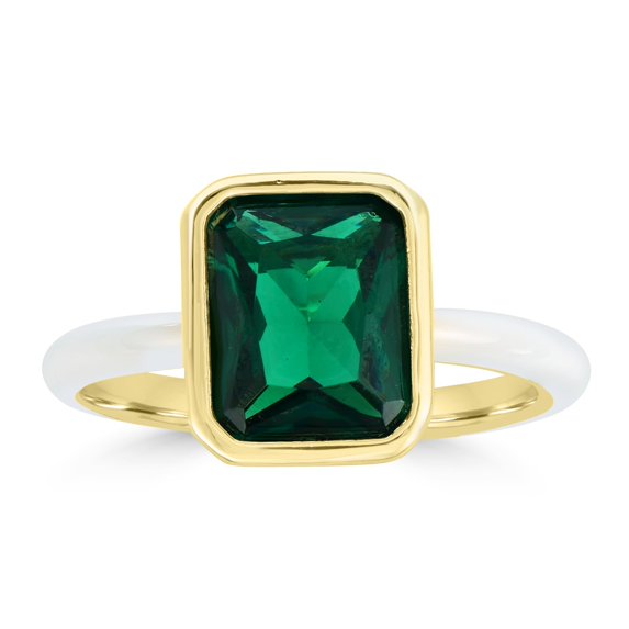 Gemistry Bob Mackie Jewelry Gold over Brass White Enamel Rectangular Cut Emerald Green Cubic Zirconia Ring, Size 7