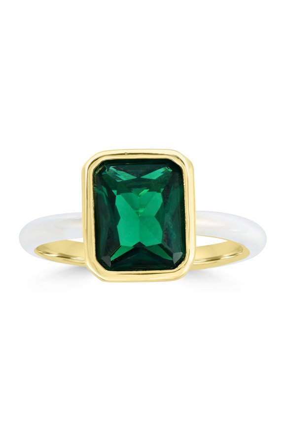 Bob Mackie Jewelry Gold over Brass White Enamel Rectangular Cut Emerald Green Cubic Zirconia Ring, Size 8