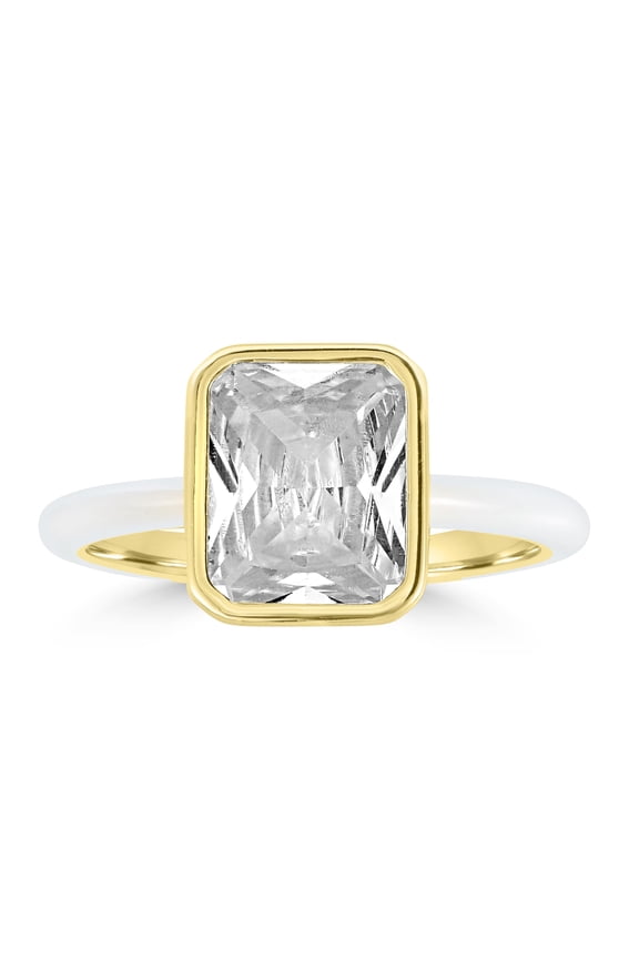 Bob Mackie Jewelry Gold over Brass White Enamel Rectangular Cut White Cubic Zirconia Ring, Size 6